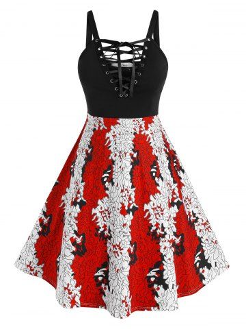 Plus Size Lace-up Printed Backless A Line Gothic Dress - MULTI - 1X