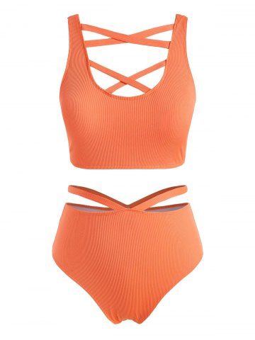 Plus Size Ribbed Crisscross Cutout Tankini Swimwear - ORANGE - 4X