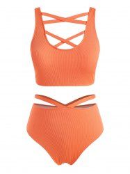 Plus Size Ribbed Crisscross Cutout Tankini Swimwear -  