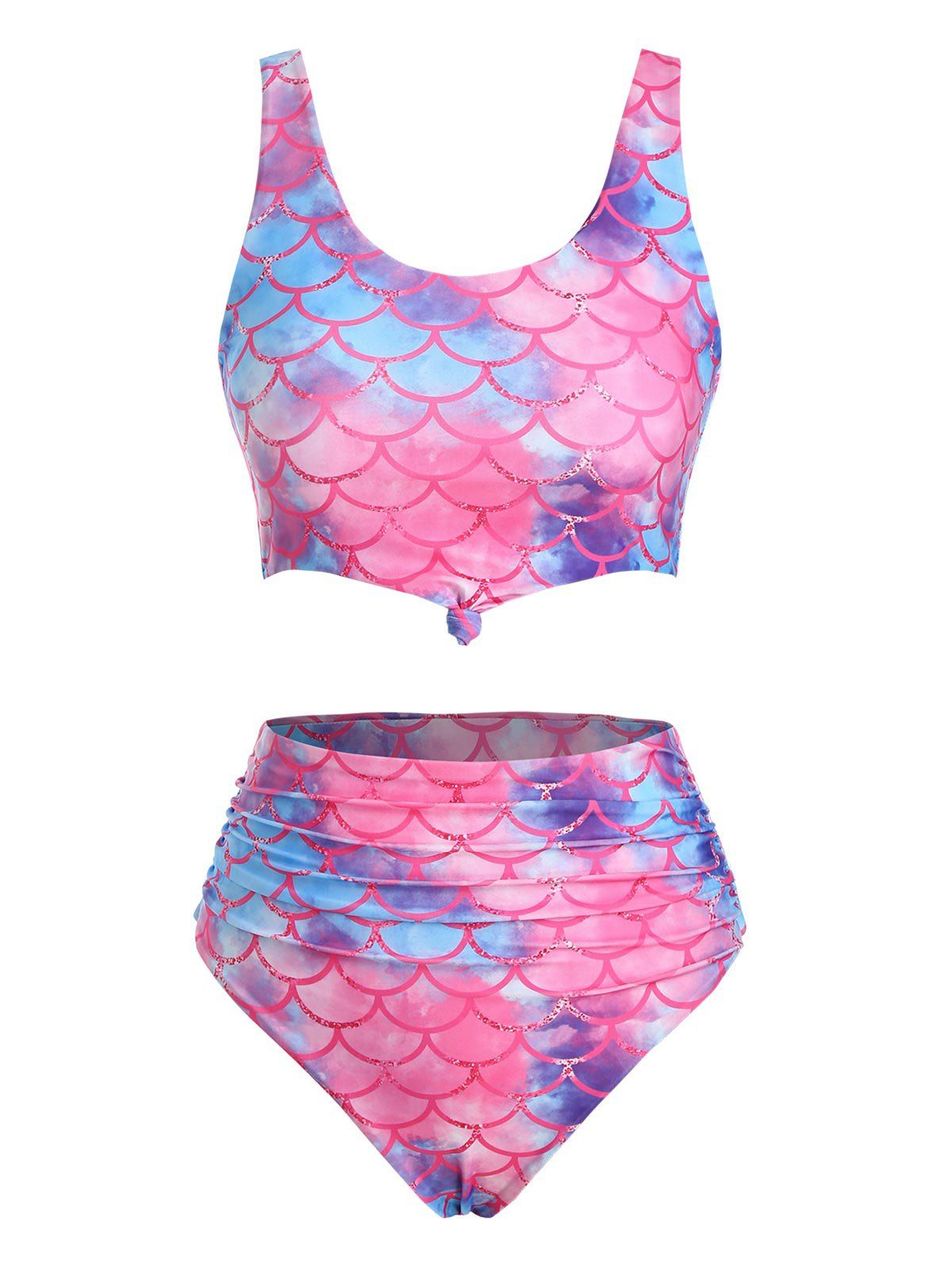 

Scale Print Knot Ruched Mermaid Tankini Swimwear, Multi