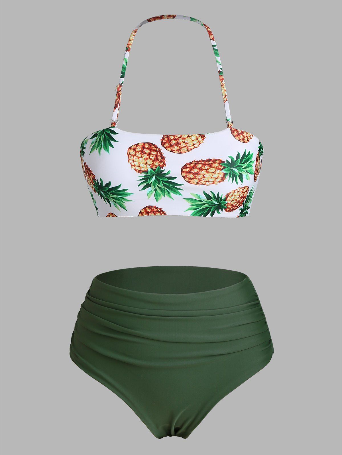 

Halter Pineapple Print Lace-up Ruched Bikini Swimwear, Deep green