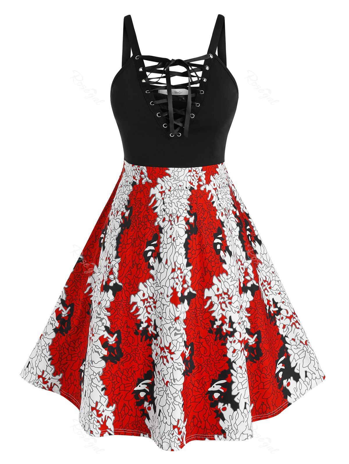Trendy Plus Size Lace-up Printed Backless A Line Gothic Dress  
