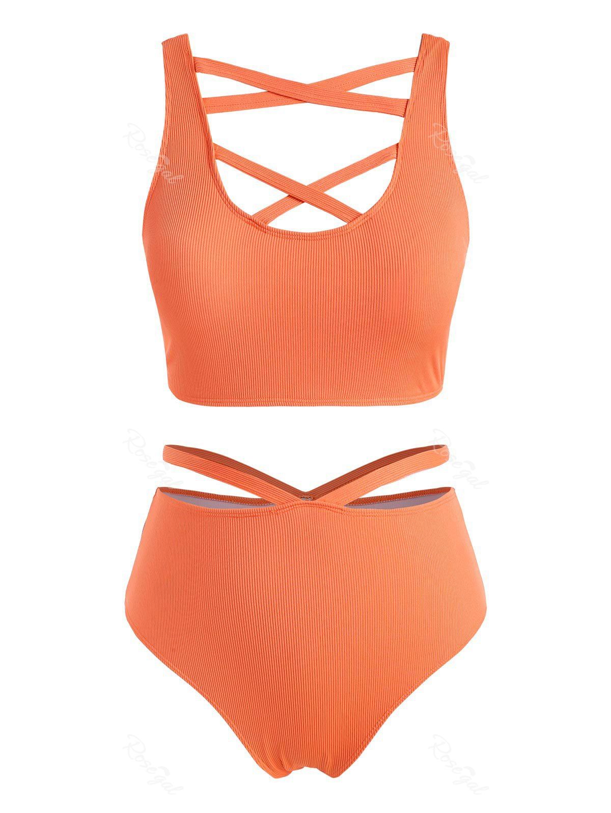 Sale Plus Size Ribbed Crisscross Cutout Tankini Swimwear  