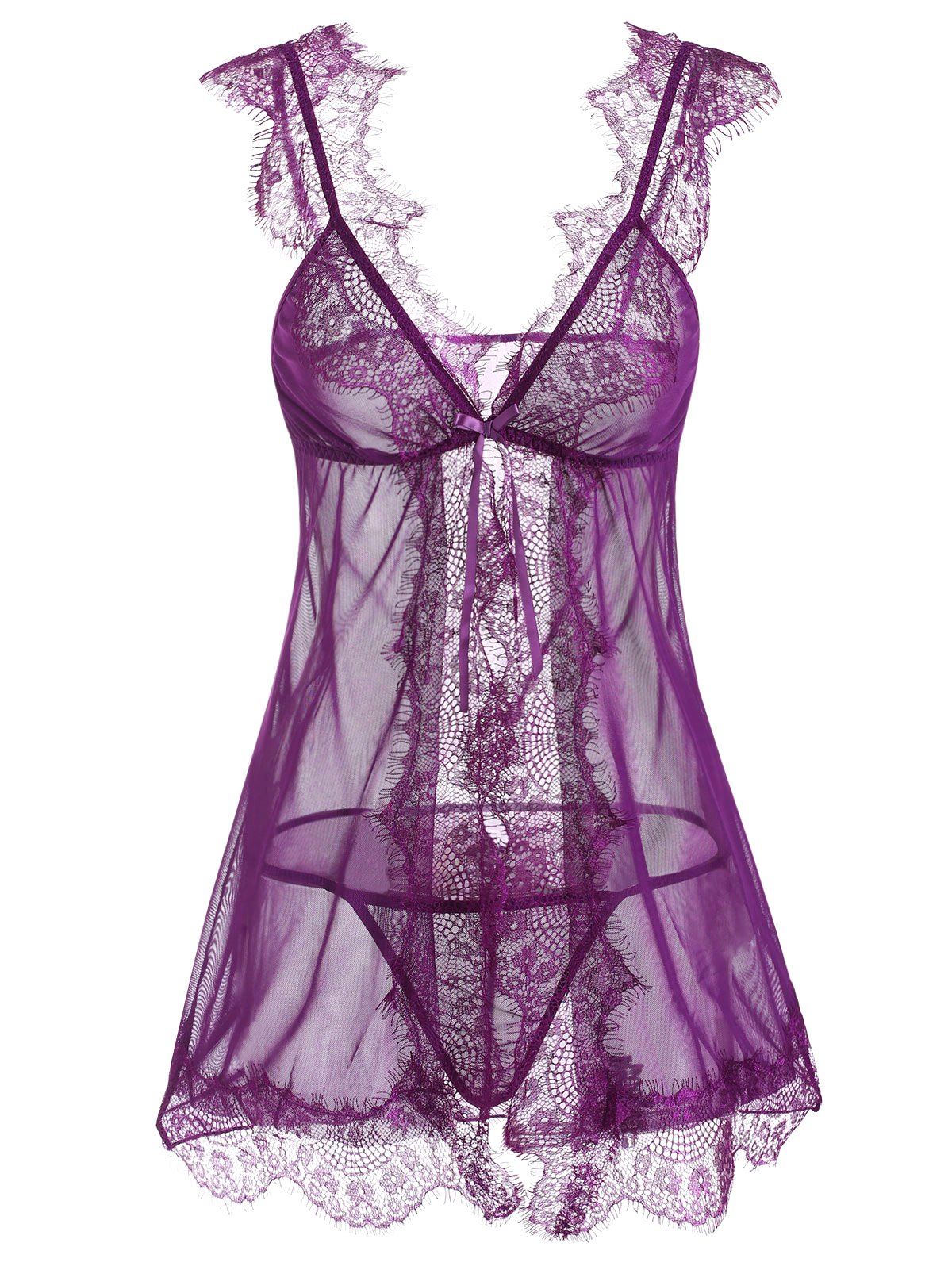 

Lace and Mesh Flyaway Bowknot Babydoll Set, Concord