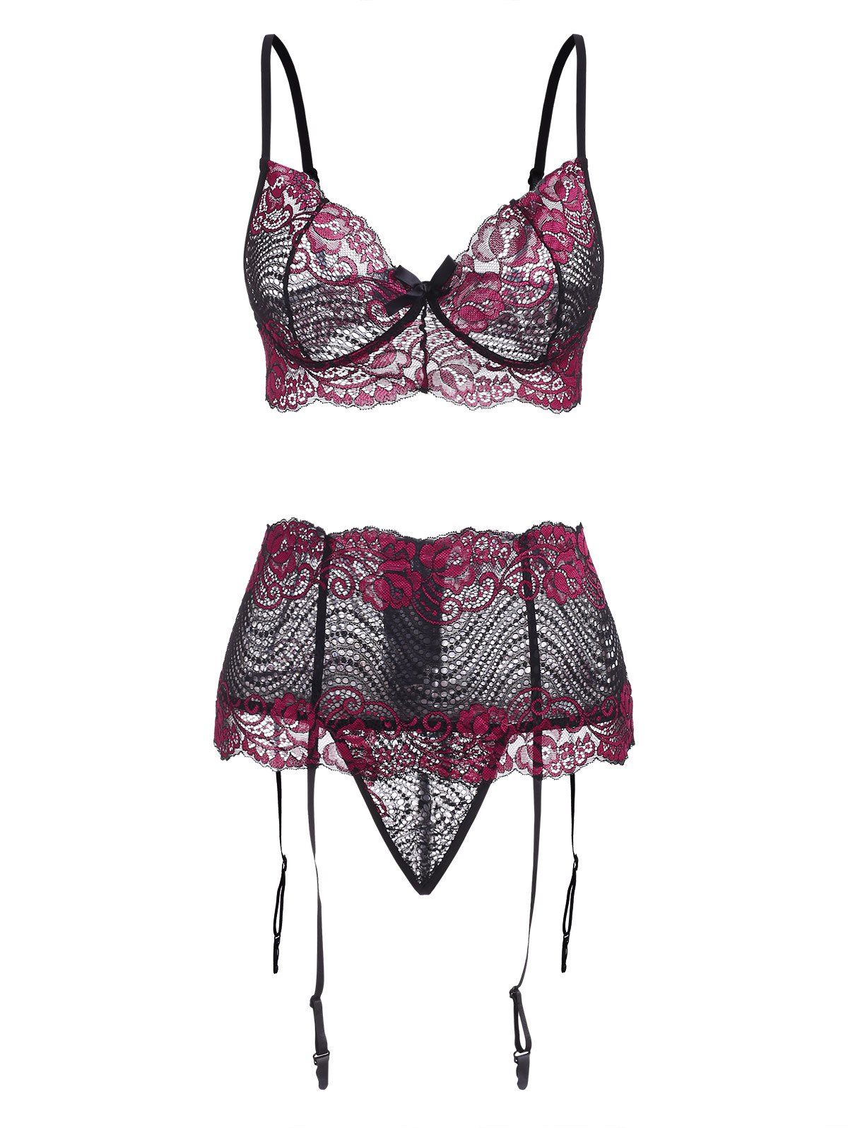 

Floral Lace Gartered Lingerie Set, Deep red