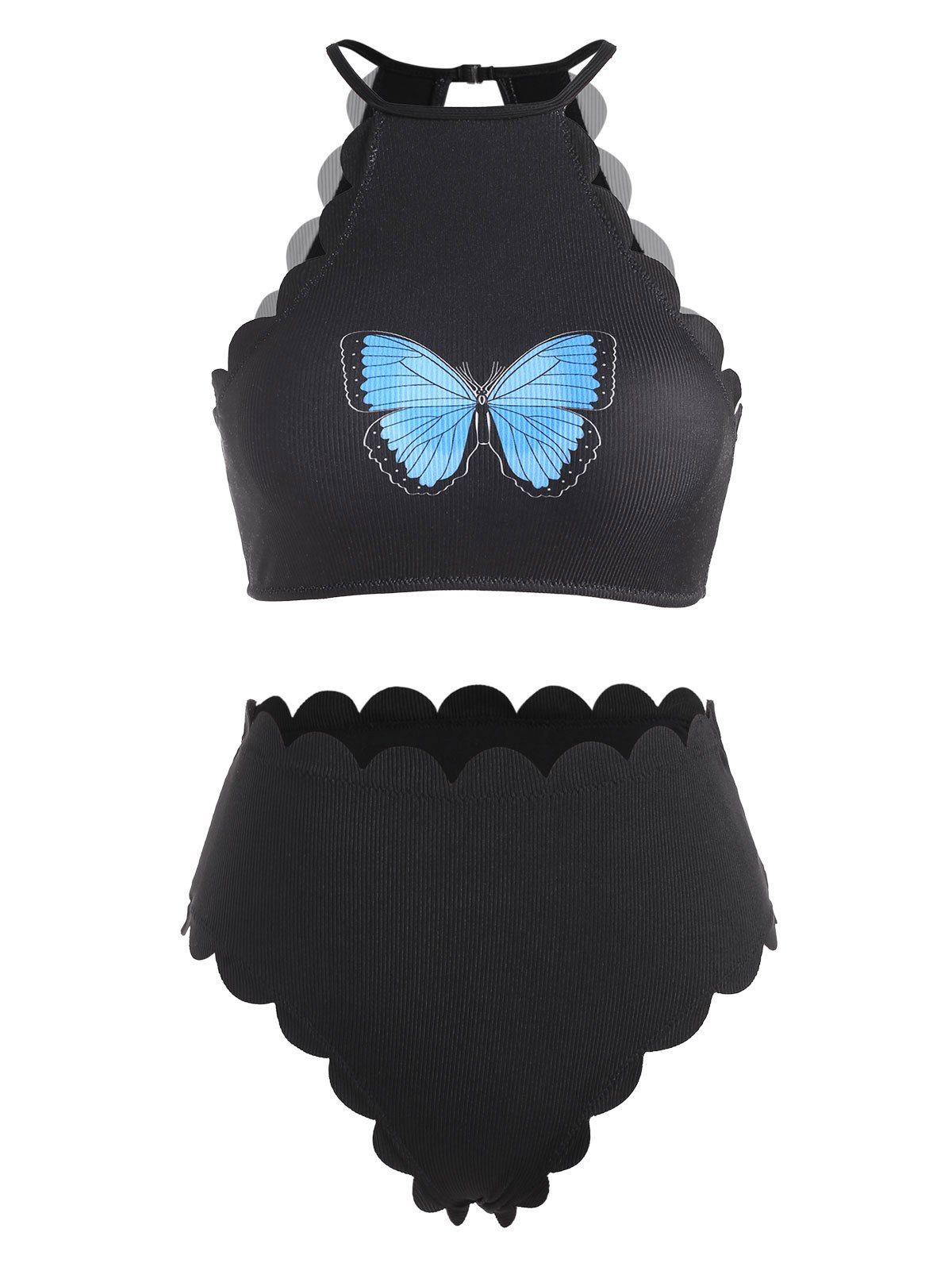 

High Neck Ribbed Scalloped Butterfly Print Tankini Swimwear, Black