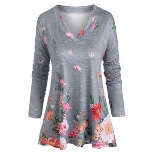

Plus Size V Neck Floral Print T Shirt, Light gray