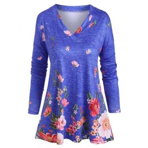 

Plus Size V Neck Floral Print T Shirt, Blue