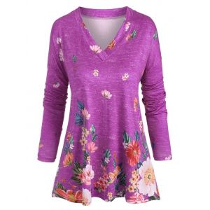 

Plus Size V Neck Floral Print T Shirt, Purple