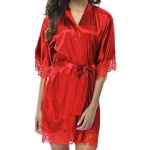 

Belted Eyelash Lace Panel Satin Robe With T-back, Red