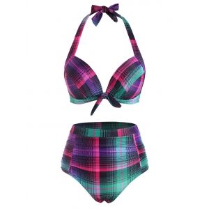 

Halter Knot Plaid Moulded Ruched High Waisted Bikini Swimwear, Concord
