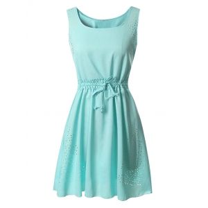 

Laser Cut Drawstring Waist Sleeveless Dress, Light blue