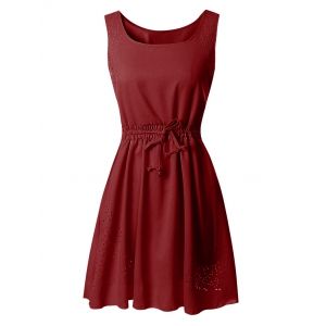 

Laser Cut Drawstring Waist Sleeveless Dress, Red