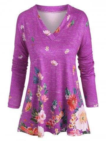 Plus Size V Neck Floral Print T Shirt - PURPLE - 2XL