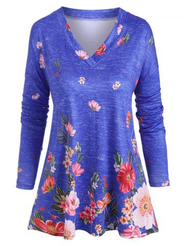 Plus Size V Neck Floral Print T Shirt - BLUE - 2XL