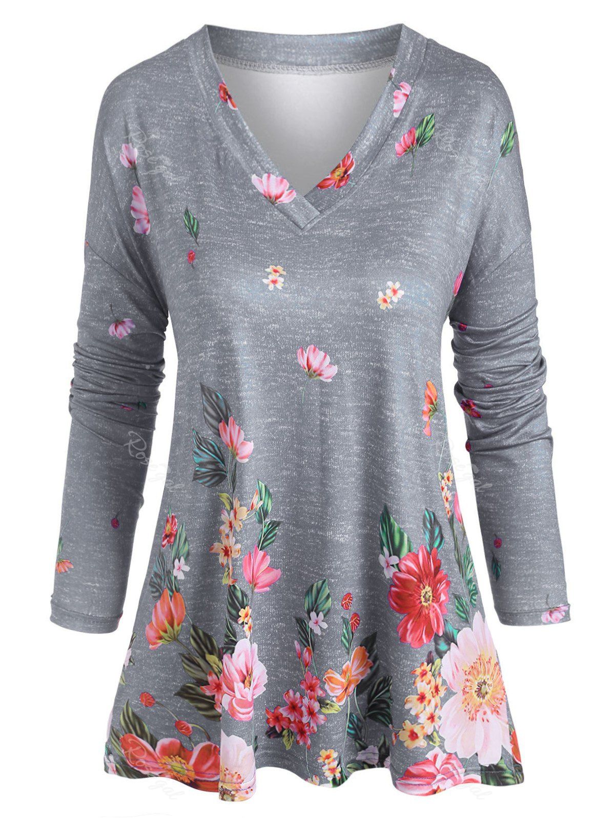 New Plus Size V Neck Floral Print T Shirt  