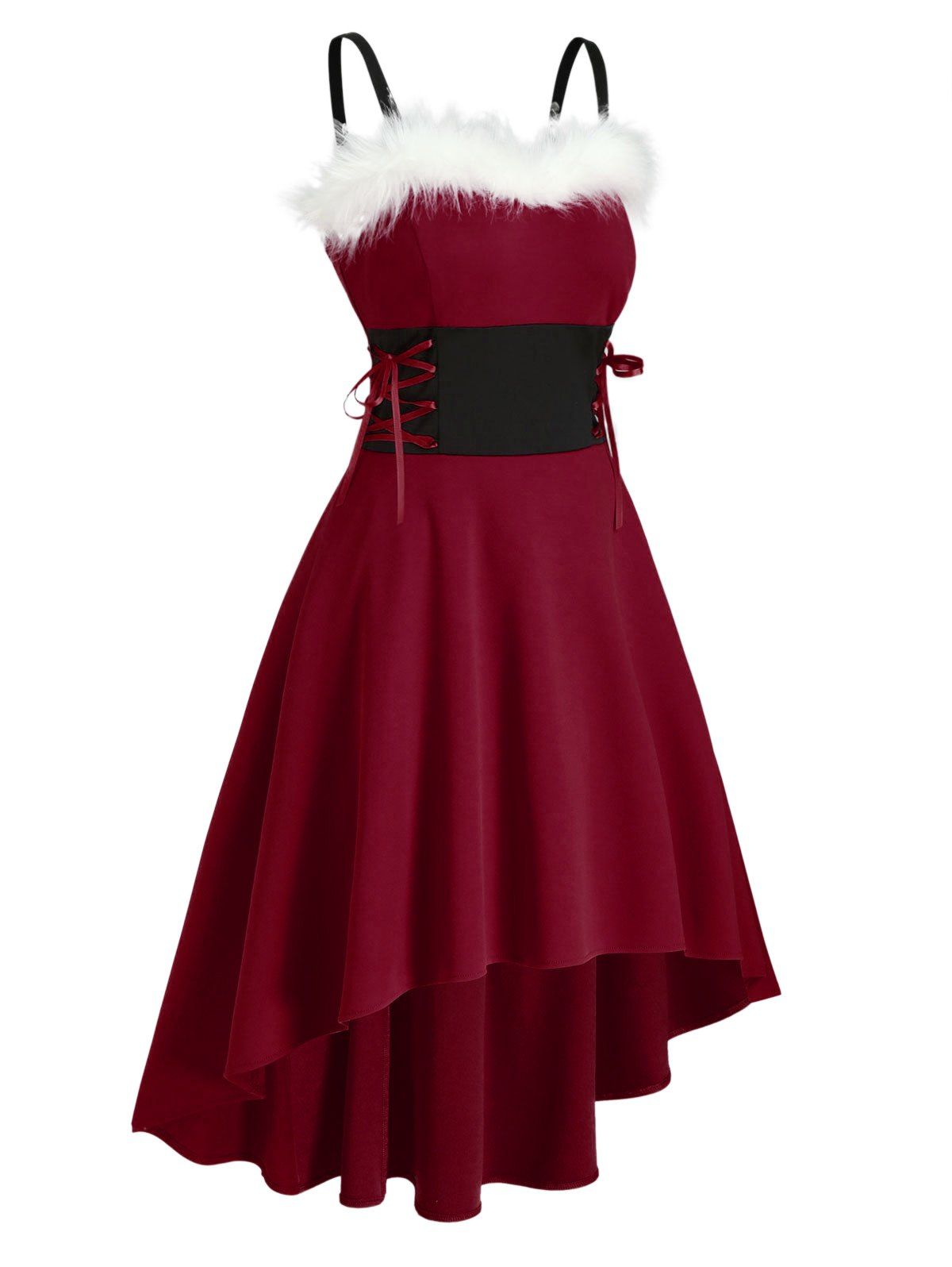 

Christmas Faux Fur Panel Lace Up Dip Hem Dress, Deep red