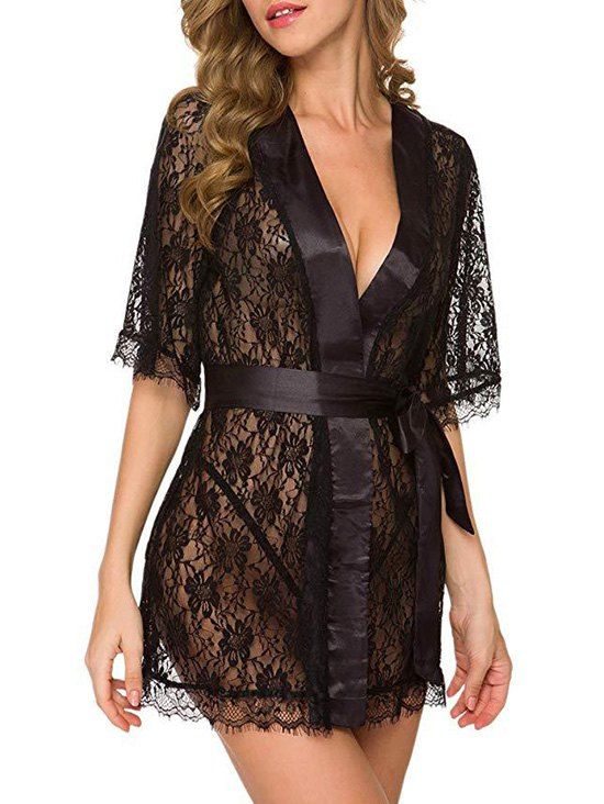 

Belted Eyelash Lace Robe With T-back, Black