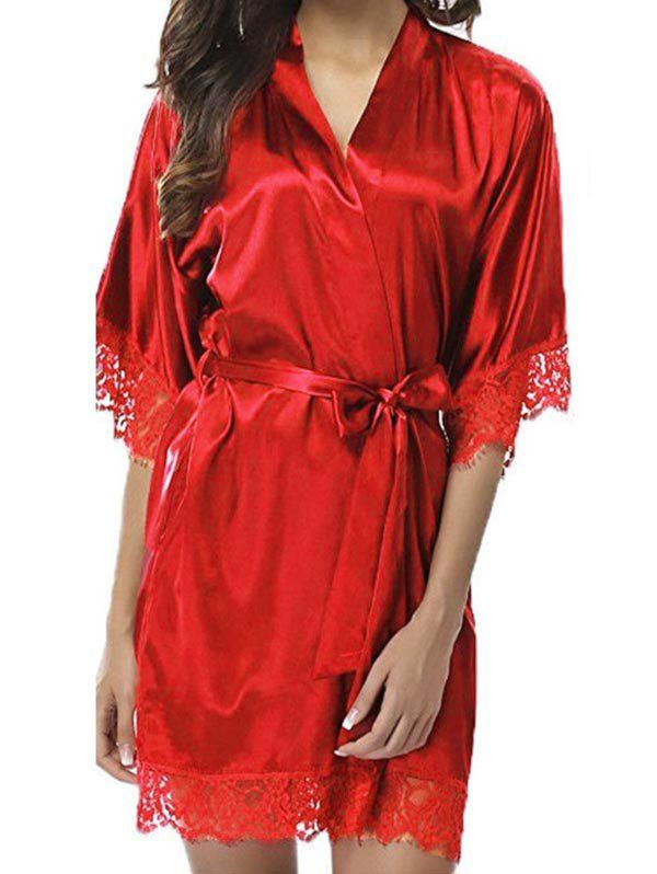 

Belted Eyelash Lace Panel Satin Robe With T-back, Red