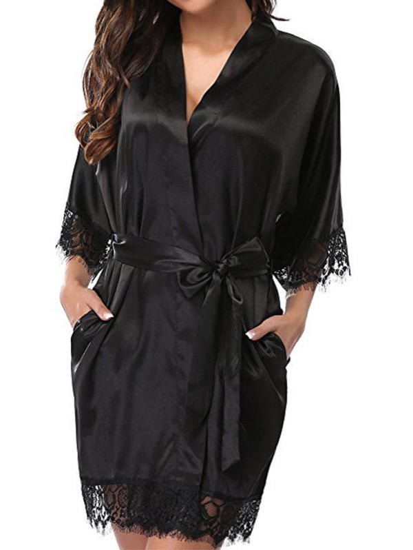 

Belted Eyelash Lace Panel Satin Robe With T-back, Black