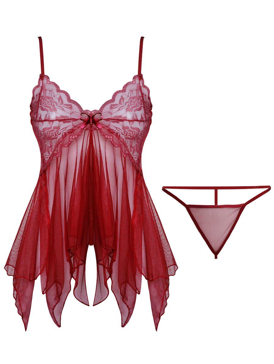 

Lace and Mesh Sheer Handkerchief Babydoll Set, Red