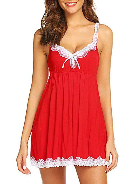 

Scalloped Lace Trim Bowknot Babydoll with T-back, Red