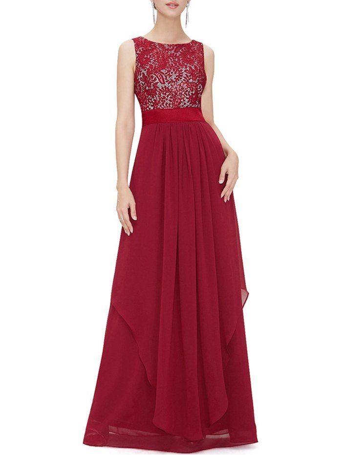 

Embroidered Chiffon Panel Overlay Maxi Dress, Red