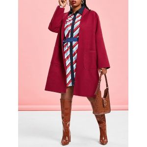 

Plus Size Shawl Collar Patched Pocket Tunic Coat, Red wine