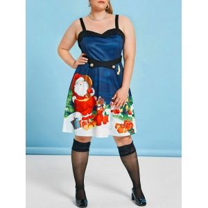 

Plus Size Christmas Tree Santa Print Button Dress, Black