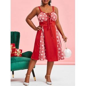 

Christmas Snowflake Mesh Panel Lace Up Plus Size Dress, Red