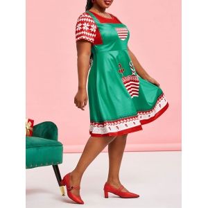

Plus Size Christmas 3D Print Fit and Flare Dress, Green