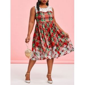 

Plus Size Christmas Plaid Snowflake Print Dress, Red