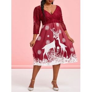 

Plus Size Christmas Snowflake Lace Surplice Plunging Dress, Red wine