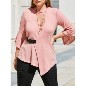 

Buckled Front Ribbed Keyhole Cut Out Plus Size Knitwear, Light pink