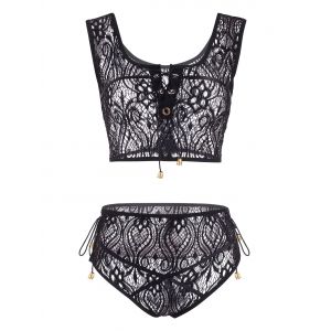 

Lace-up Bells Lace Lingerie Set, Black