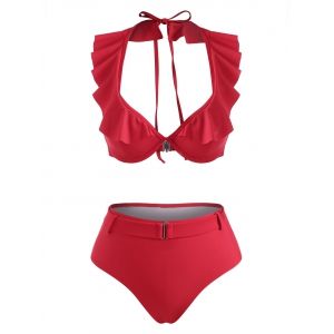 

Halter Ruffle Monowire Belted High Waisted Bikini Swimwear, Red