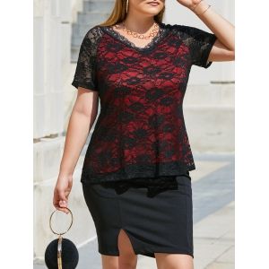 

Plus Size Raglan Sleeve Lace Tunic Top, Red
