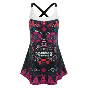 

Plus Size Tribal Skull Print Crisscross Tank Top, Black