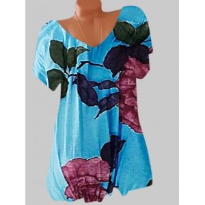 

Plus Size Batwing Sleeve Floral Print Tee, Blue