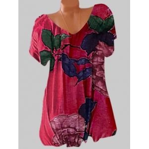 

Plus Size Batwing Sleeve Floral Print Tee, Red