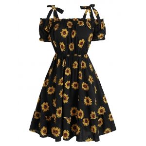 

Cold Shoulder Self Tie Sunflower Print Dress, Black