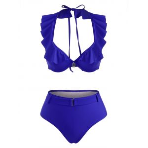 

Halter Ruffle Monowire Belted High Waisted Bikini Swimwear, Blue