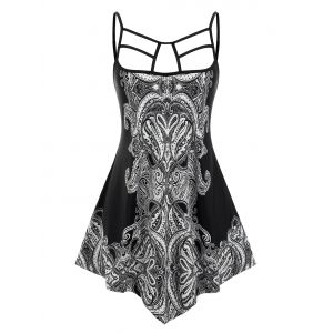 

Plus Size Caged Cutout Long Patterned Cami Top, Black