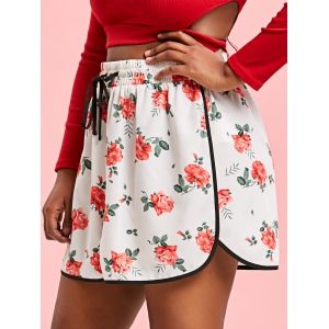 

Plus Size Drawstring Floral Print Dolphin Shorts, White