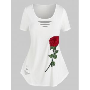 

Plus Size Flower Embroidered Ripped Short Sleeve Tee, White