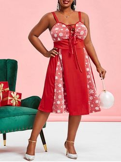 Christmas Snowflake Mesh Panel Lace Up Plus Size Dress - RED - 5X