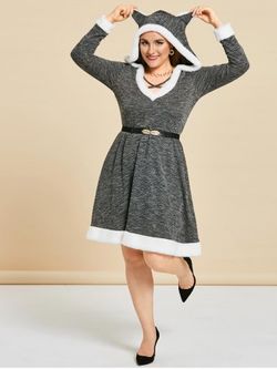 Plus Size Hooded Cat Ear Marled Faux Fur Panel Knit Dress - CARBON GRAY - 3X