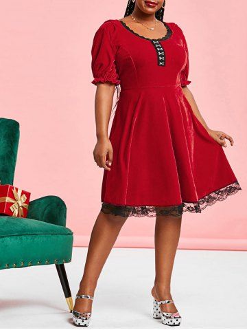 Plus Size Velvet Hook and Eye Lace Panel A Line Dress - RED - 2X