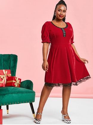Plus Size Velvet Hook and Eye Lace Panel A Line Dress