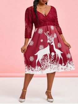 Robe de Noël Superposée Plongeante en Dentelle Motif Flocon de Neige Grande-Taille - RED WINE - L